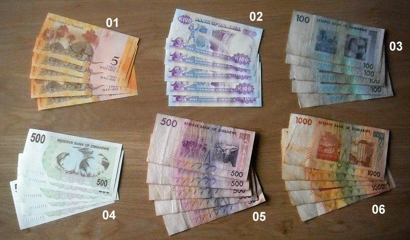 6 bankbiljetten, Zimbabwe, Venezuela en Zambia., Verzenden, Buitenland, Bankbiljetten
