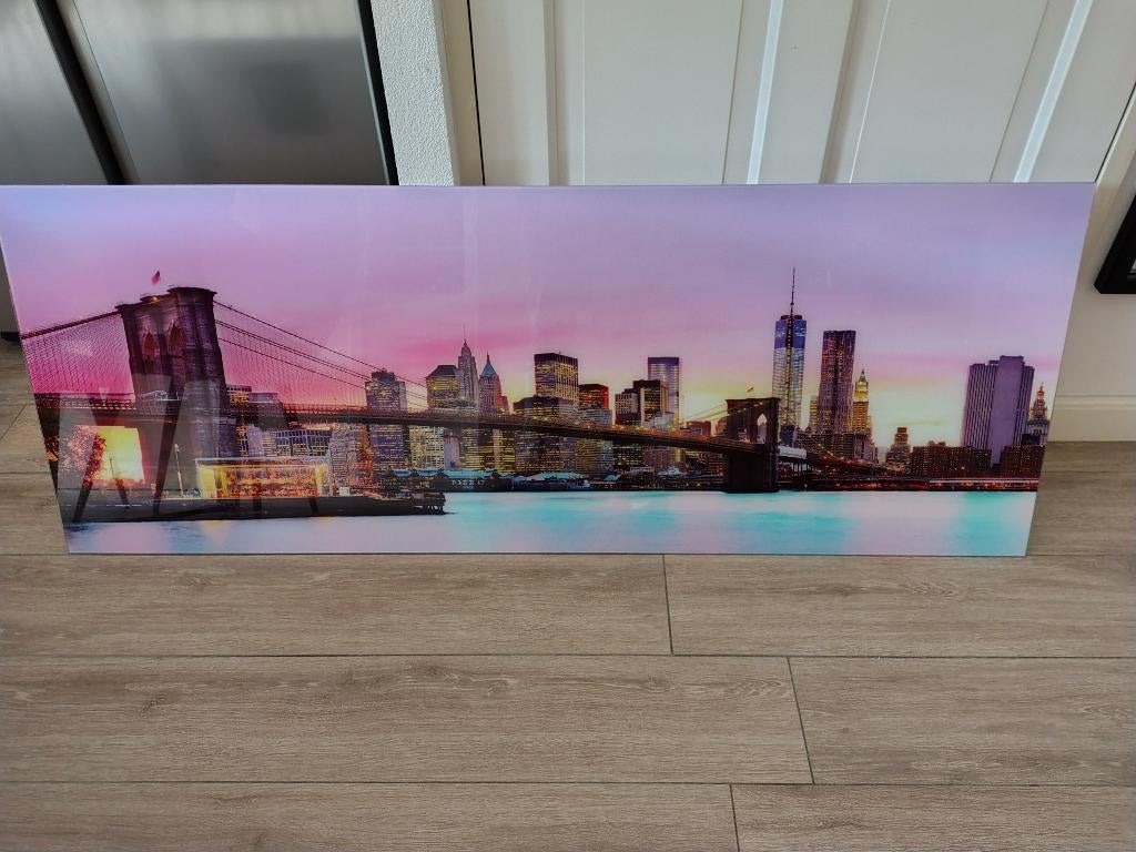 Glasschilderij - Brooklyn Bridge NYC, Ophalen, 50 tot 75 cm, Overige typen, 125 cm of meer
