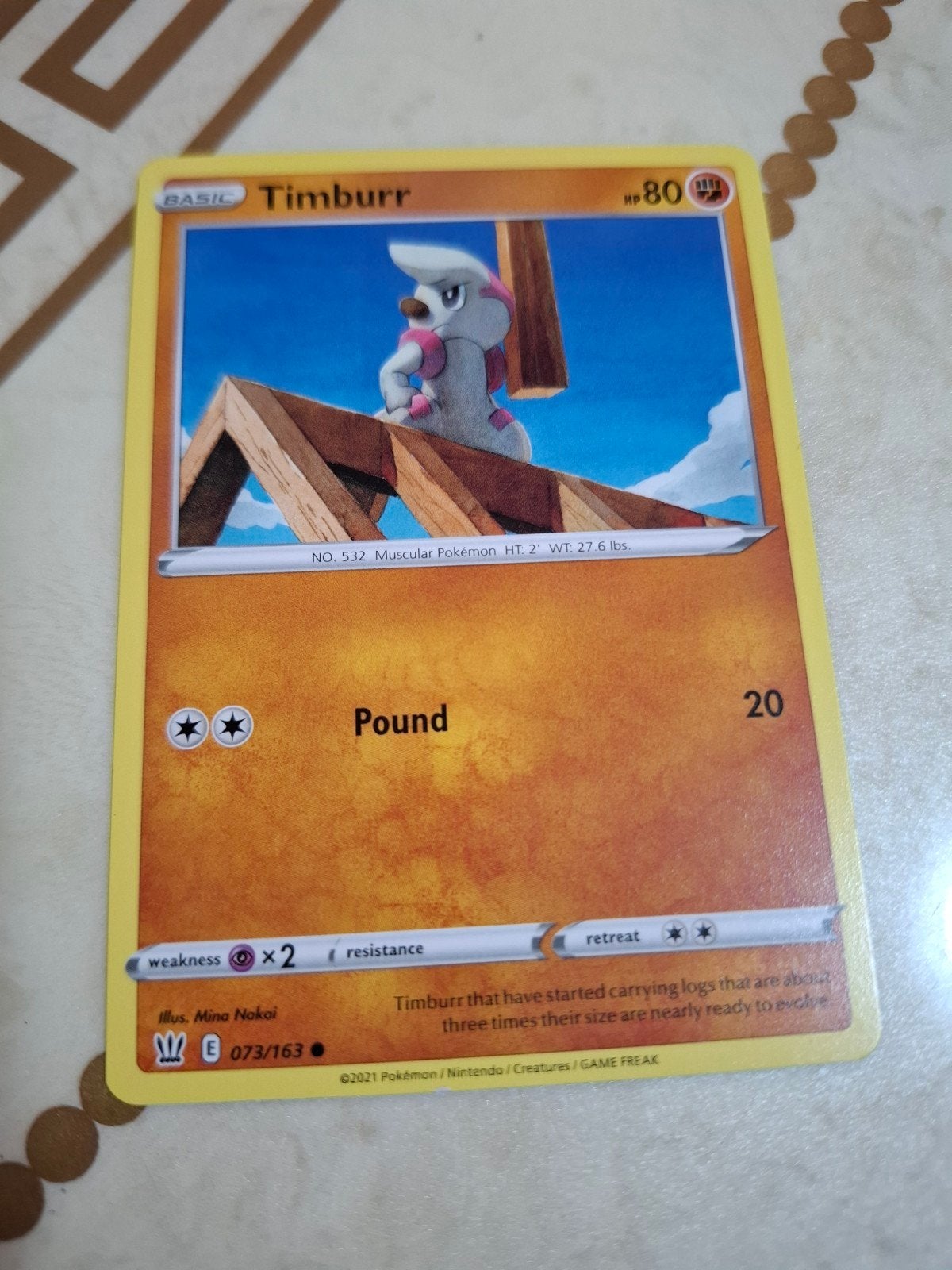 Pokémon Kaart Timburr 073/163 (Basic, HP80), Ophalen of Verzenden, Zo goed als nieuw, Losse kaart