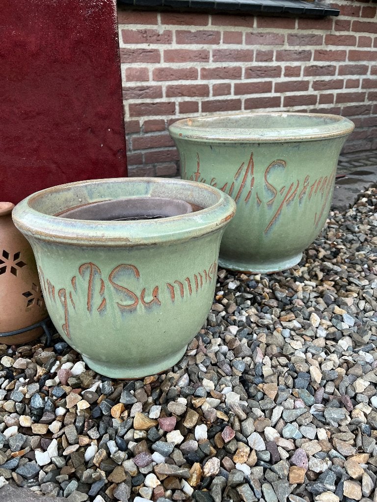 2 st bloempotten steen lichtgroen, Tuin en Terras, Bloempotten, Gebruikt, Rond, Minder dan 40 cm, Aardewerk