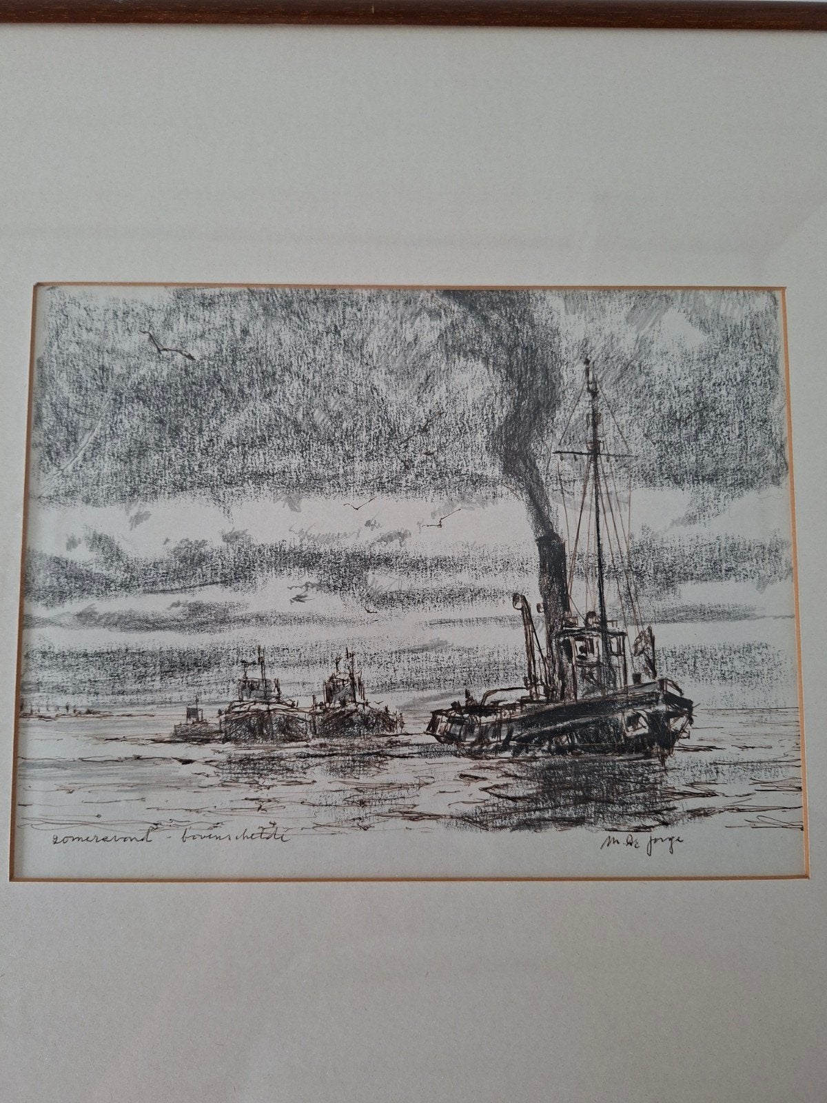 Zomeravond - Havenschets - Gesigneerde tekening, Ophalen, Tekening, Gemengde techniek, Ingelijst