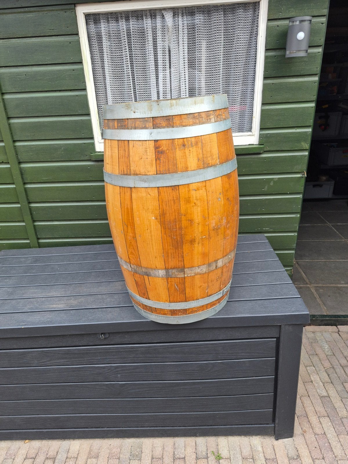 Houten Wijnvat (Bloembak) zonder deksel helaas, Tuin en Terras, Bloembakken en Plantenbakken, Ophalen, Gebruikt, Rond, 60 tot 100 cm