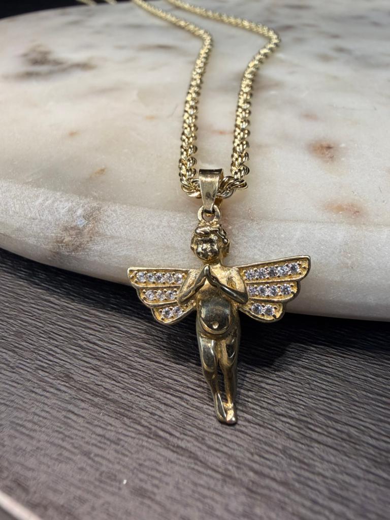 14k rope ketting met engelhanger, Ophalen of Verzenden, Nieuw, Goud