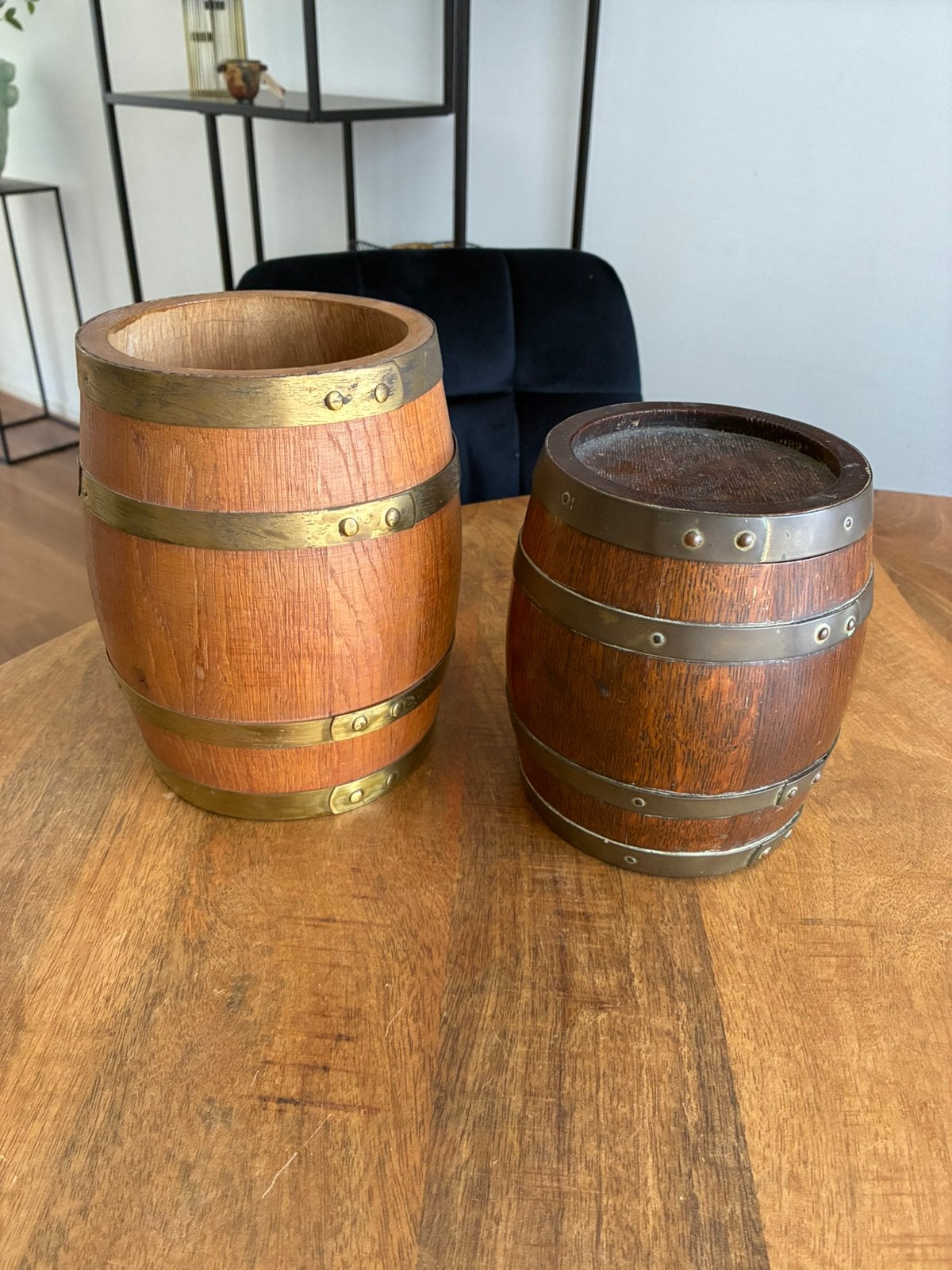 Vintage houten tonnetjes met deksel, Ophalen of Verzenden, Gebruikt, Rechthoekig, Hout