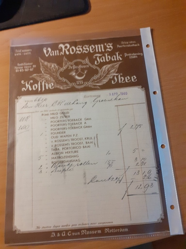 Van Rossem's tabak Rotterdam factuur 1940 Poorterstoeback, Ophalen of Verzenden, Zo goed als nieuw, Overige typen