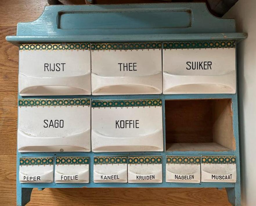 Vintage kruidenrek met porseleinen bakjes, Antiek en Kunst, Ophalen of Verzenden