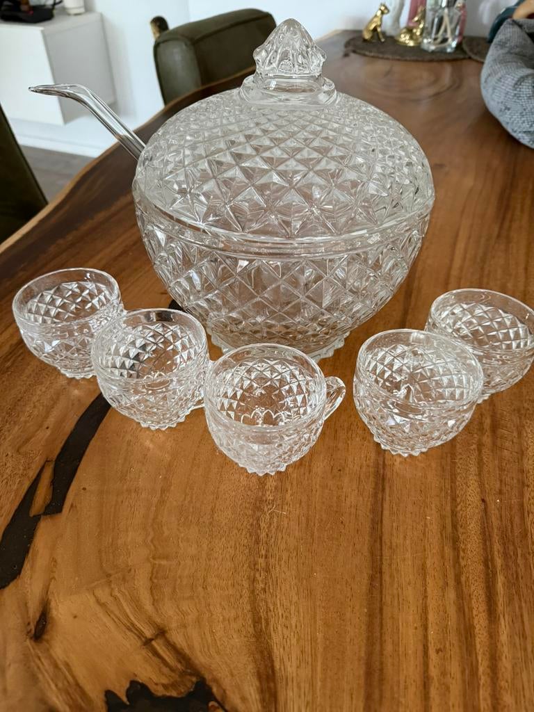 Glazen bowlset met glazen opschep lepel, Huis en Inrichting, Keuken | Servies, Ophalen, Glas of Glazen, Gebruikt, Glas