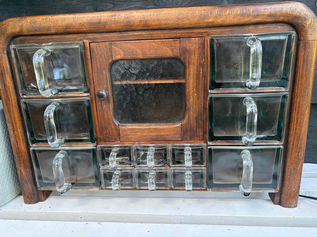 Brocante kruidenkastje met 12 glazen laatjes, Ophalen