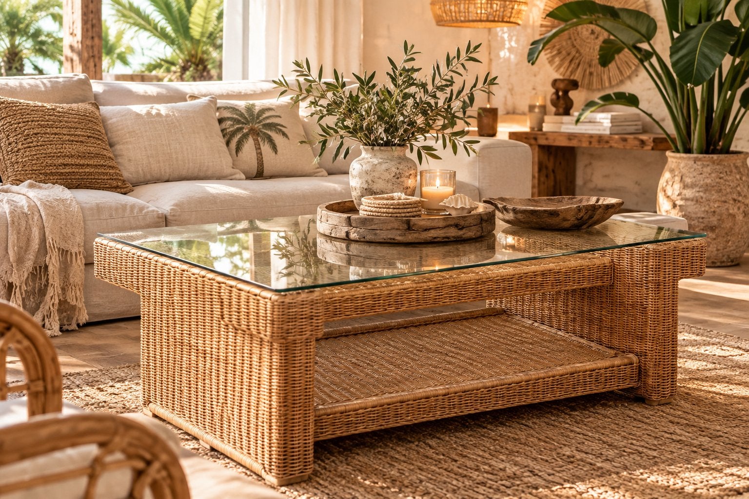 Mooie vintage rotan  / bohemian salontafel, Huis en Inrichting, Ophalen, 100 tot 150 cm, 50 tot 100 cm, Zo goed als nieuw