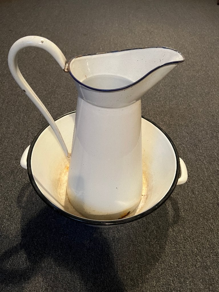 Wit emaille waskom en schenkkan., Ophalen of Verzenden