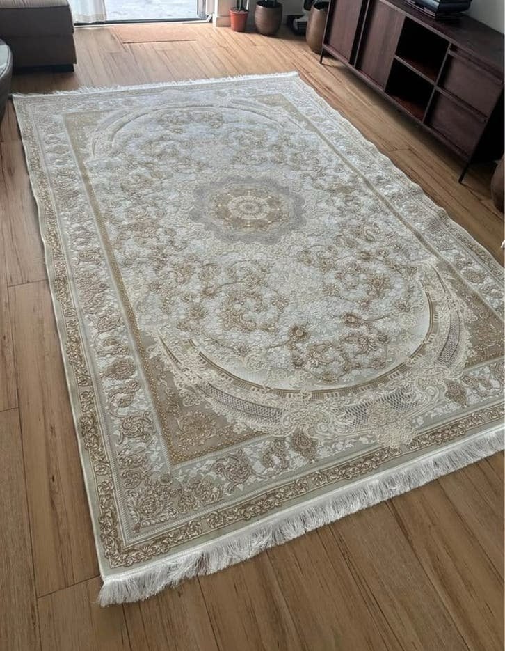 3 Luxe Vloerkleden – 2 Rond & 1 Rechthoekig – Beige/Goud, Ophalen, 200 cm of meer, Zo goed als nieuw, 200 cm of meer