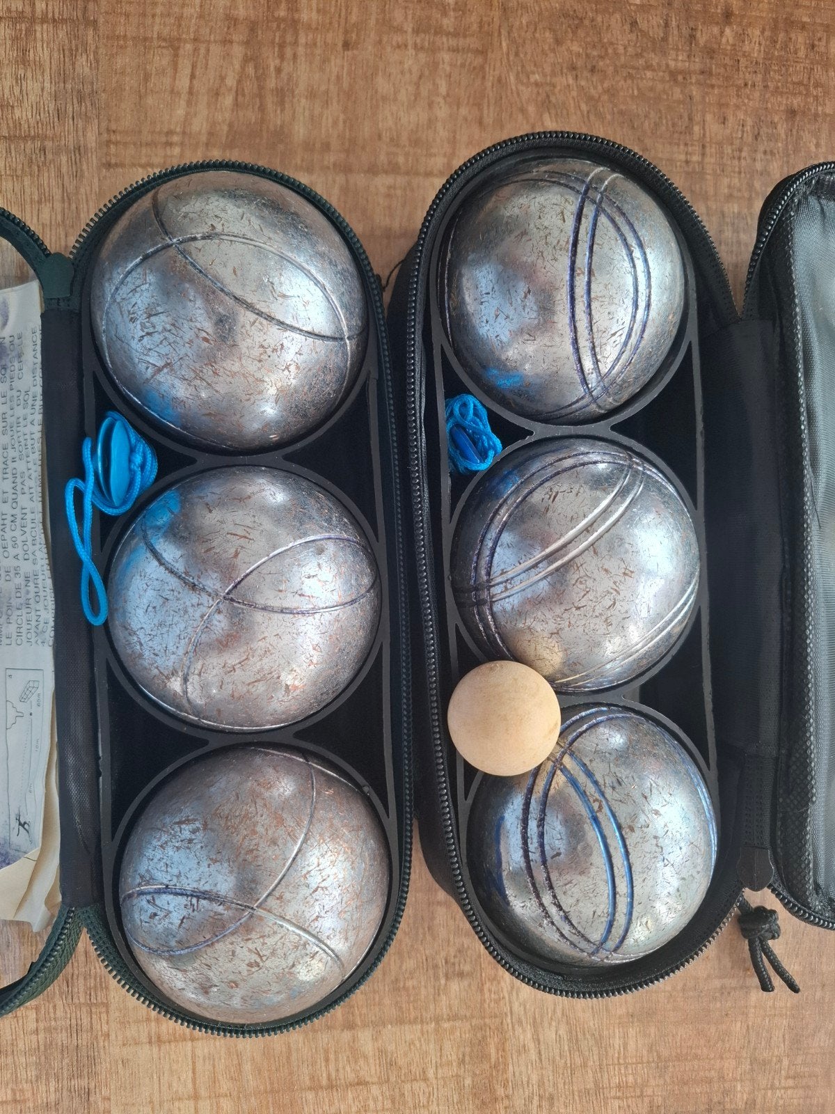 Petanque set/ jeu de boules met 6 ballen en but in handige d, Ophalen, Gebruikt