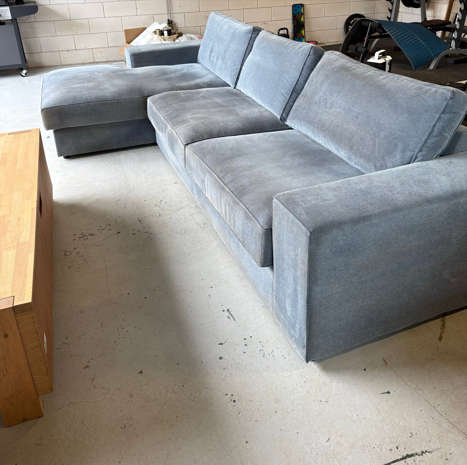 Gratis af te halen: grijs/blauwe hoekbank, Ophalen, Gebruikt, Hoekbank, 300 cm of meer