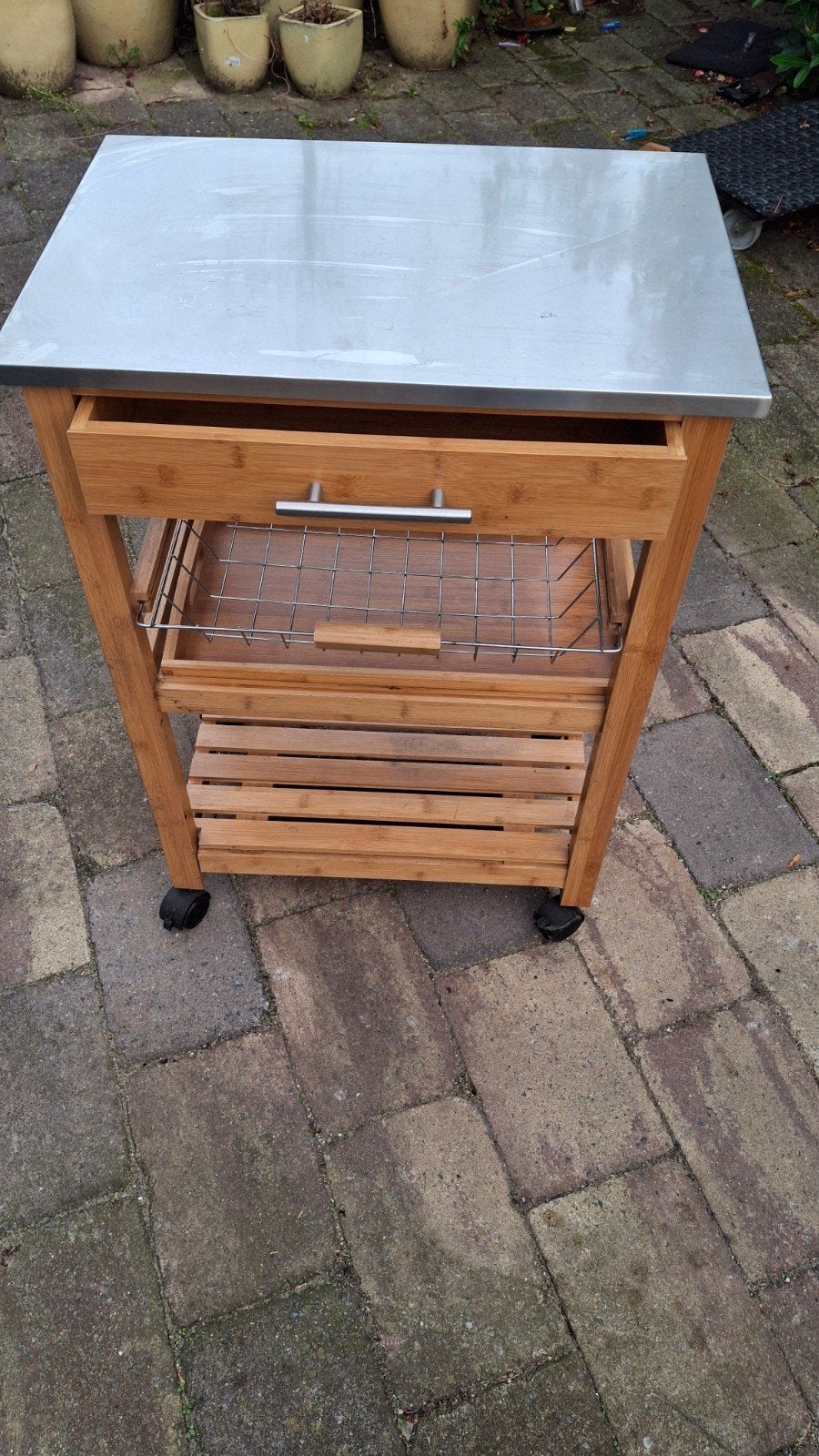 Keukentrolley Bamboe met RVS blad en lade, Ophalen, Hout, Keukentrolley, Zo goed als nieuw