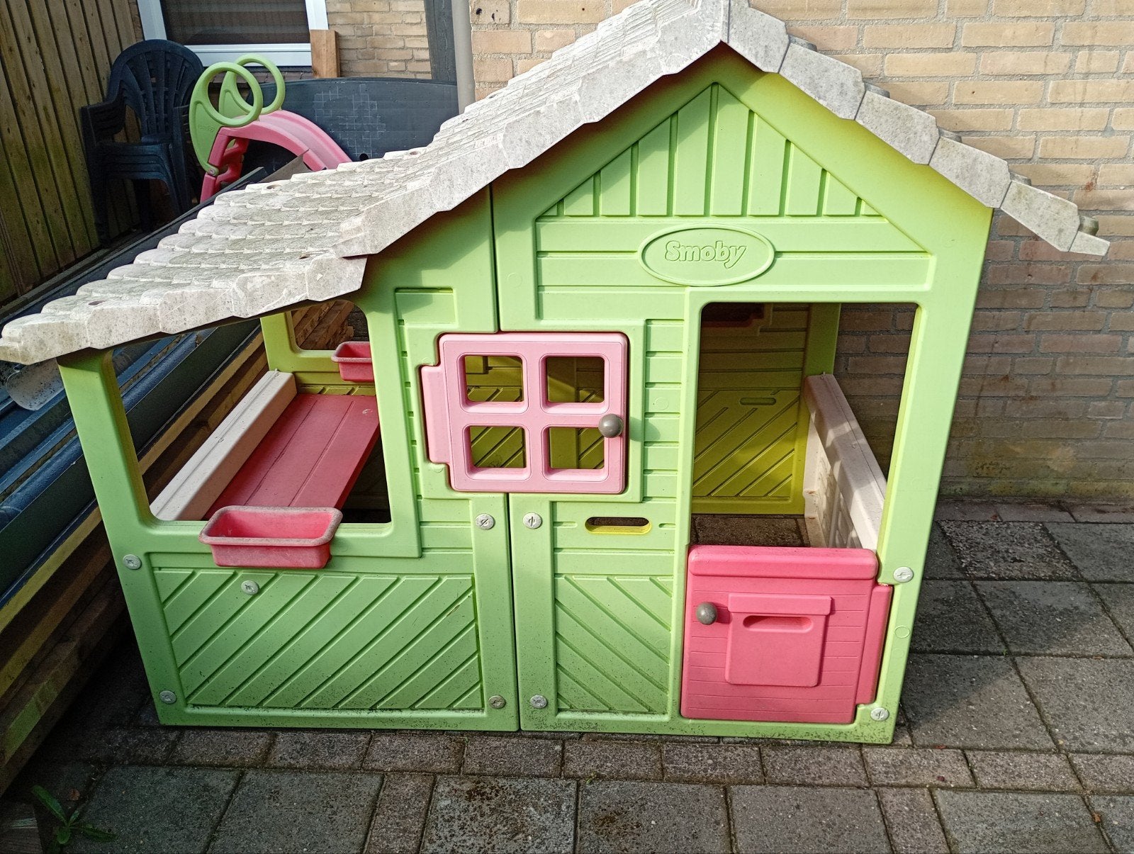 Smoby Speelhuisje met Glijbaan - Groen/Roze, Ophalen, Gebruikt, Kunststof