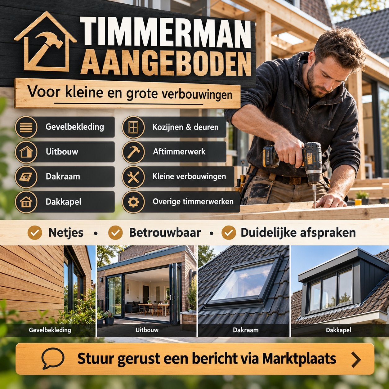 ERVAREN TIMMERMAN AANGEBODEN VOOR KLEINE EN GROTE KLUSSEN!, Garantie, Deuren of Kozijnen