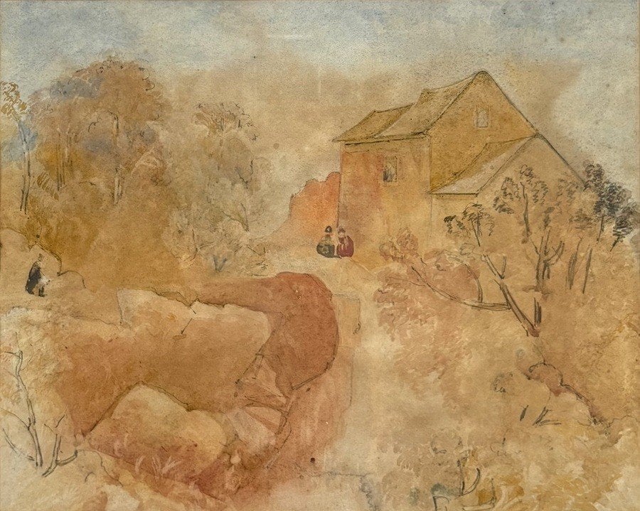 1062. Aquarel – landelijk huis met figuren, 20e eeuw, Antiek en Kunst, Landschap, Aquarel, Papier/karton, Ophalen of Verzenden