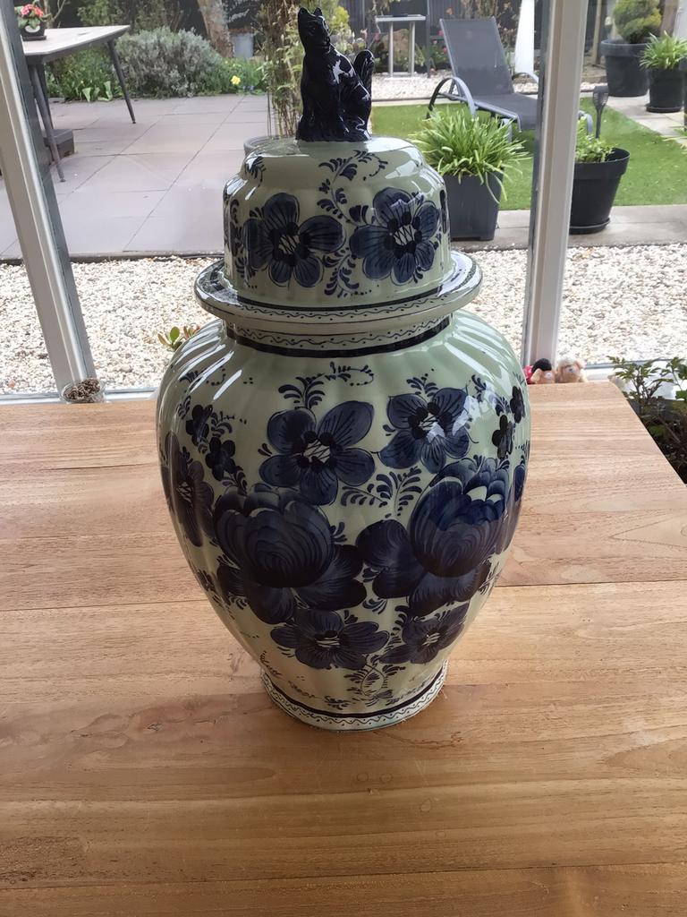 Delfts blauw vaas met deksel en kat, Ophalen of Verzenden