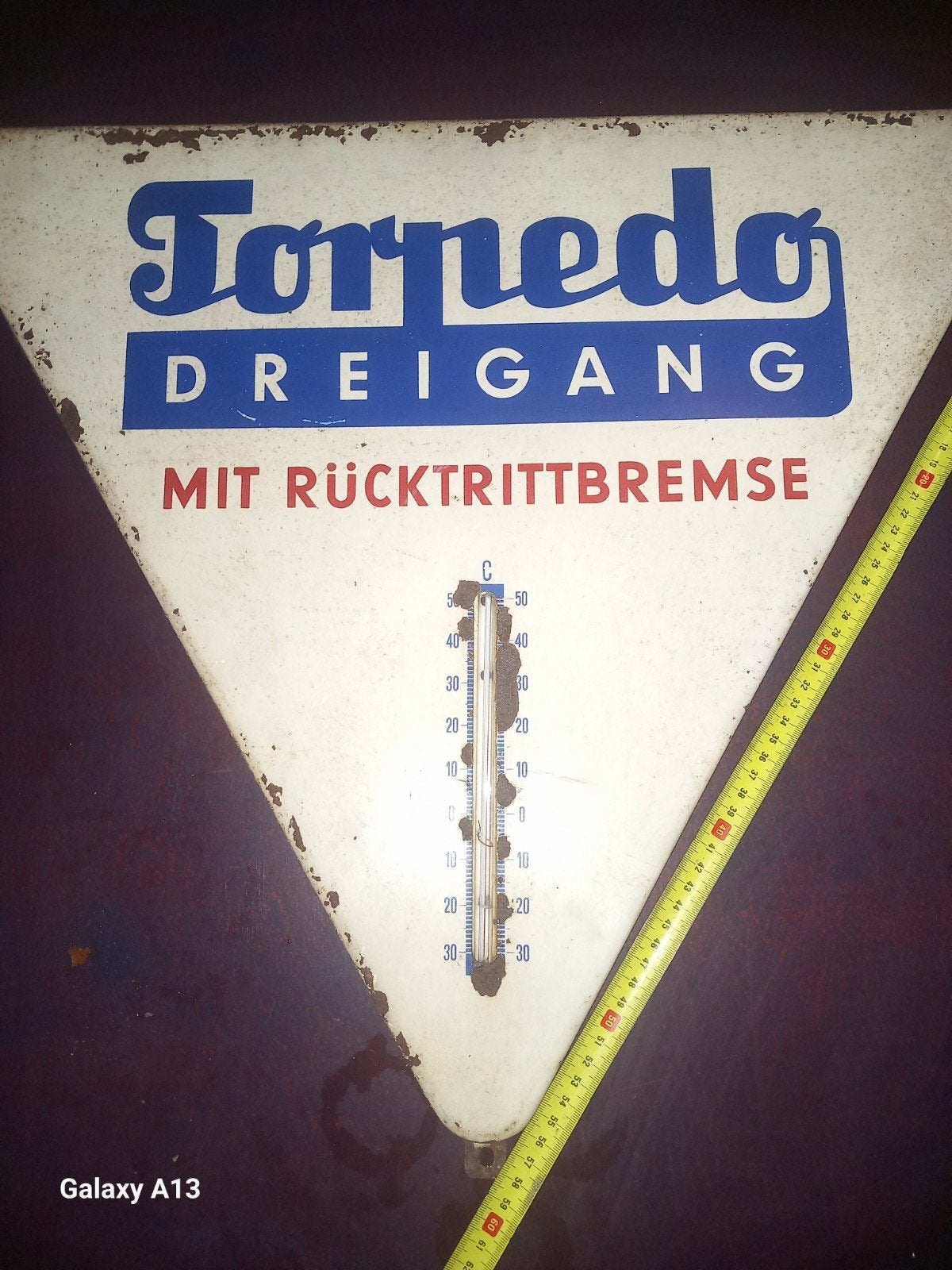 Vintage Torpedo DREIGANG emaille thermometer reclamebord, Ophalen of Verzenden