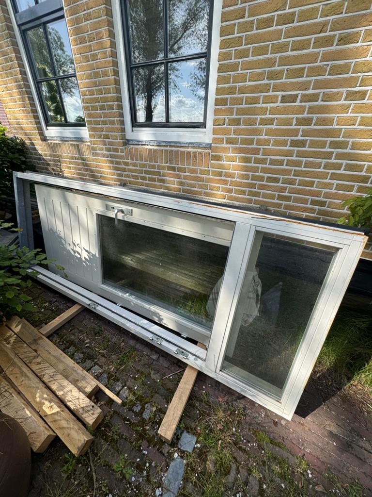 Hardhout kozijn met deur en bovenlicht 257 x 99, Deurkozijn, Zo goed als nieuw, Hout, Ophalen