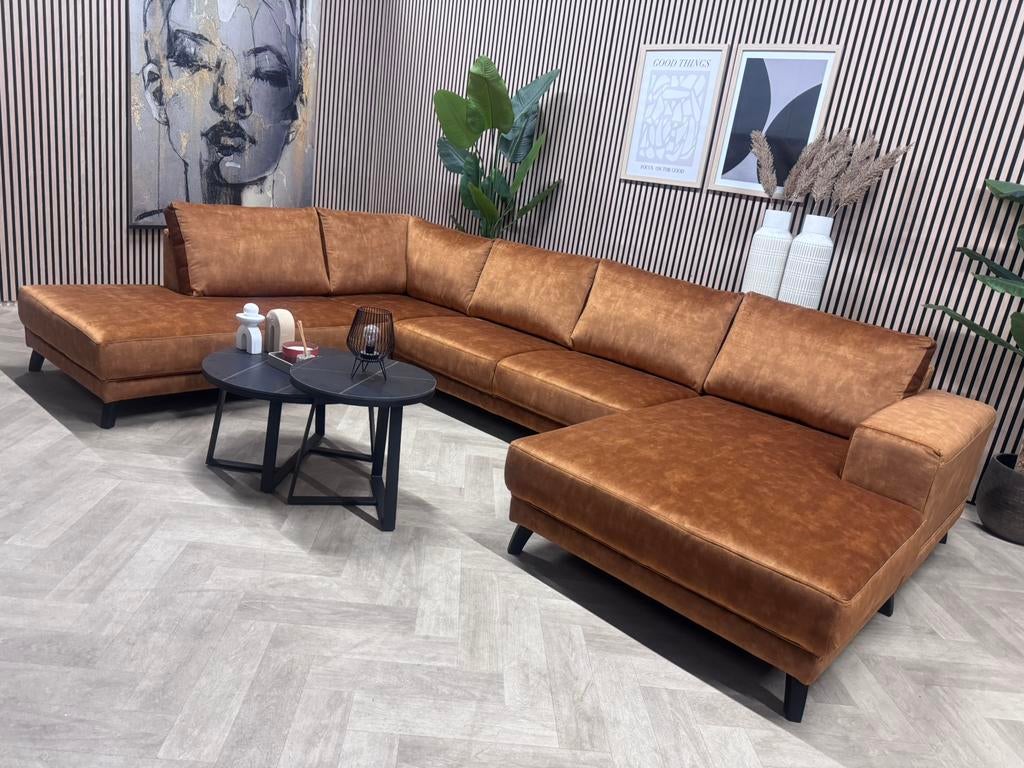 NIEUW | Luxe Velvet Velours U-Bank - Cognac - 350cm, Huis en Inrichting, Hoekbank, 300 cm of meer, Ophalen of Verzenden, X