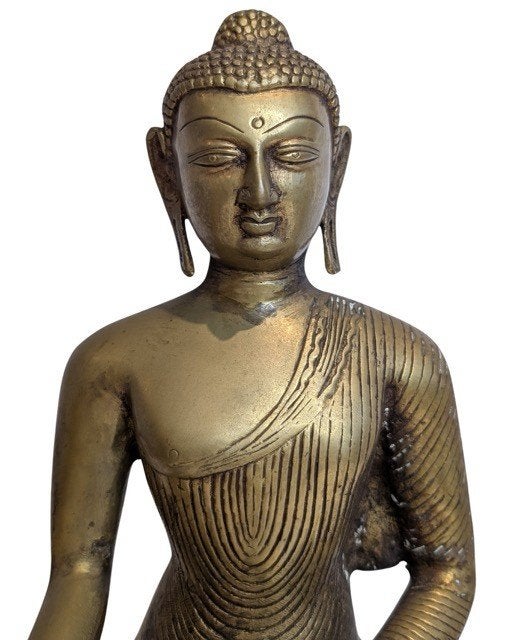 Bronzen Shakyamuni Boeddha met olifantenbasis - 063, Gebruikt, 38 cm, Ophalen of Verzenden, Goud