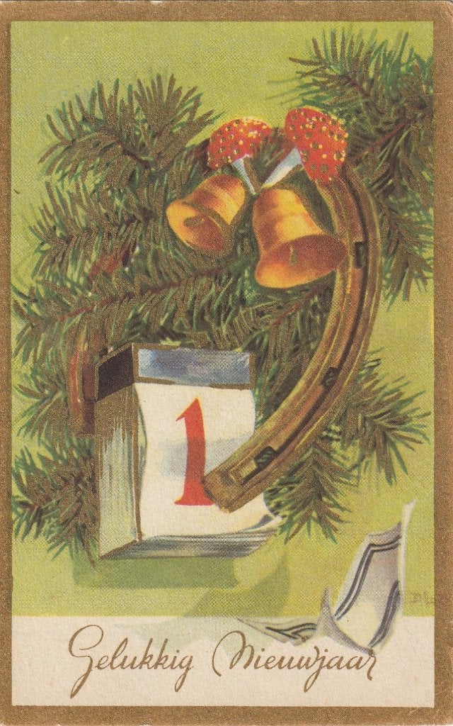 GOUDOPDRUK KERST HOEFIJZER JAREN 50 MOOIE OUDE KAART KN739, Verzamelen, Ophalen of Verzenden, 1940 tot 1960, Gelopen, Overige thema's