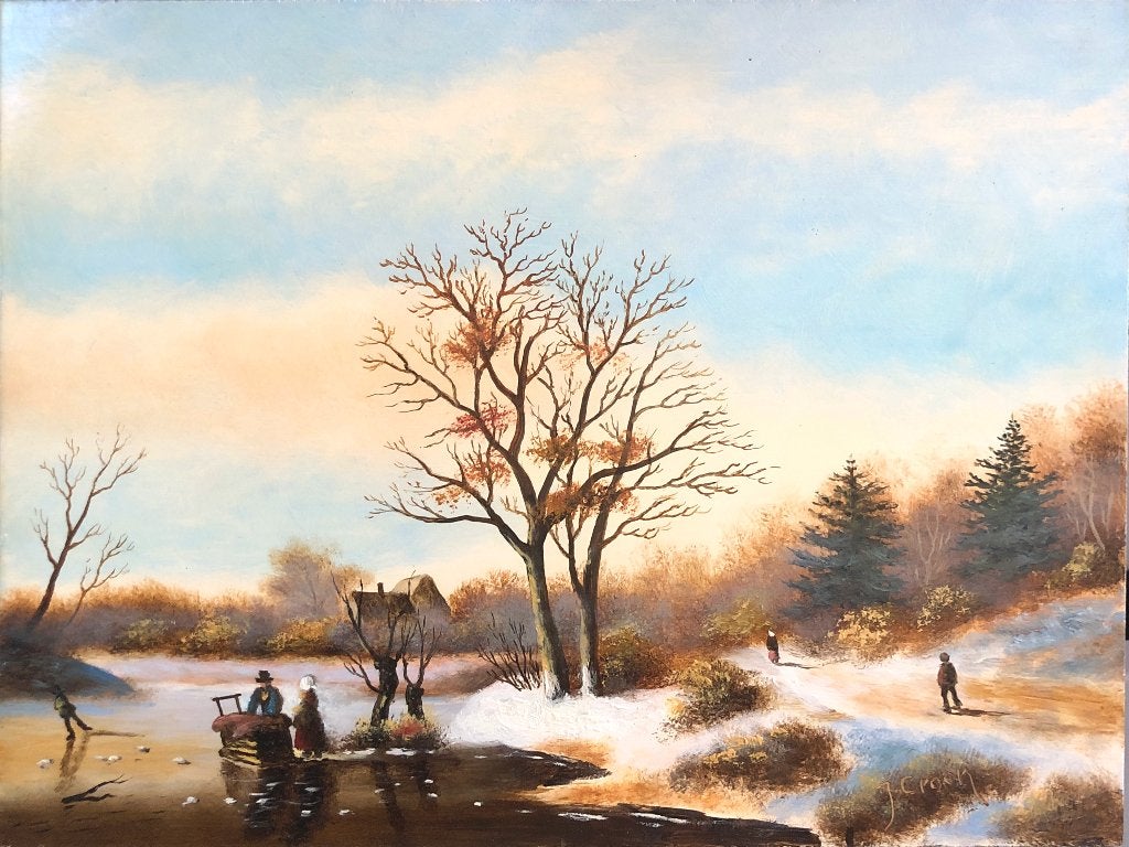 J. Croon Schilderij 'Mensen op het IJs en wandelaars', Ophalen of Verzenden