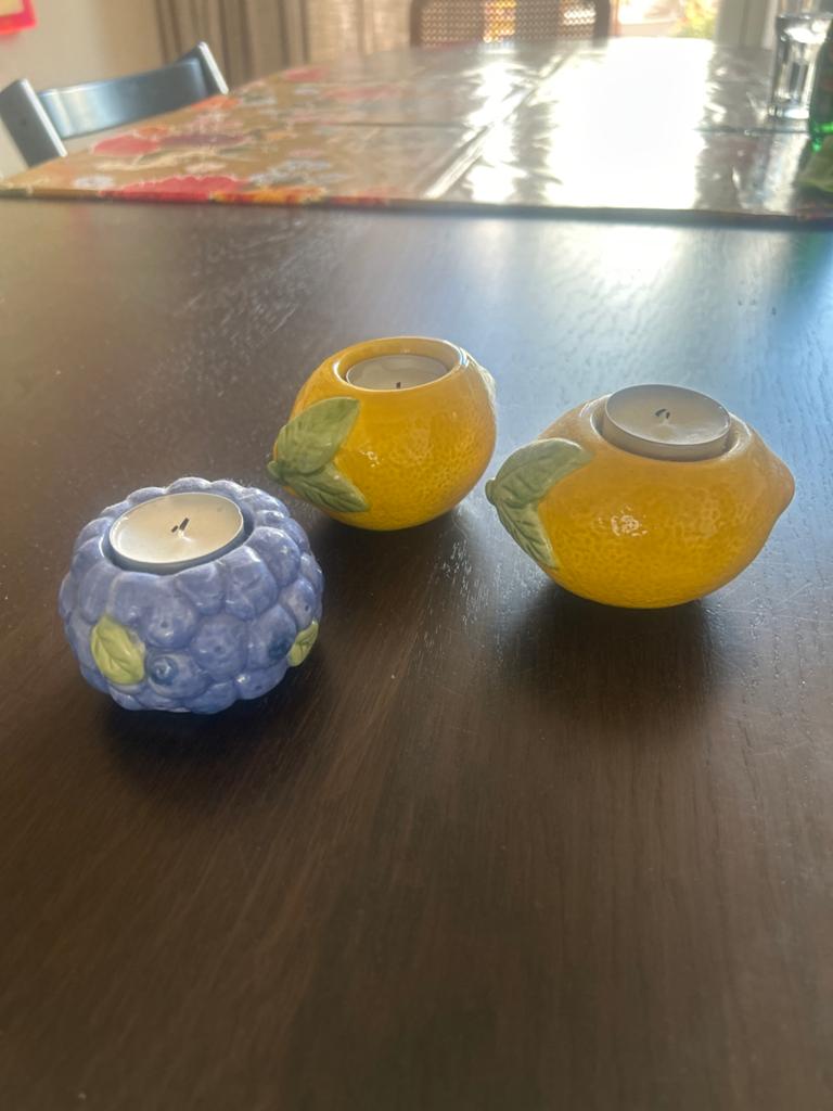 Gratis - Set van 3 fruitvormige theelichthouders, Ophalen, Overige materialen, Blauw, Zo goed als nieuw