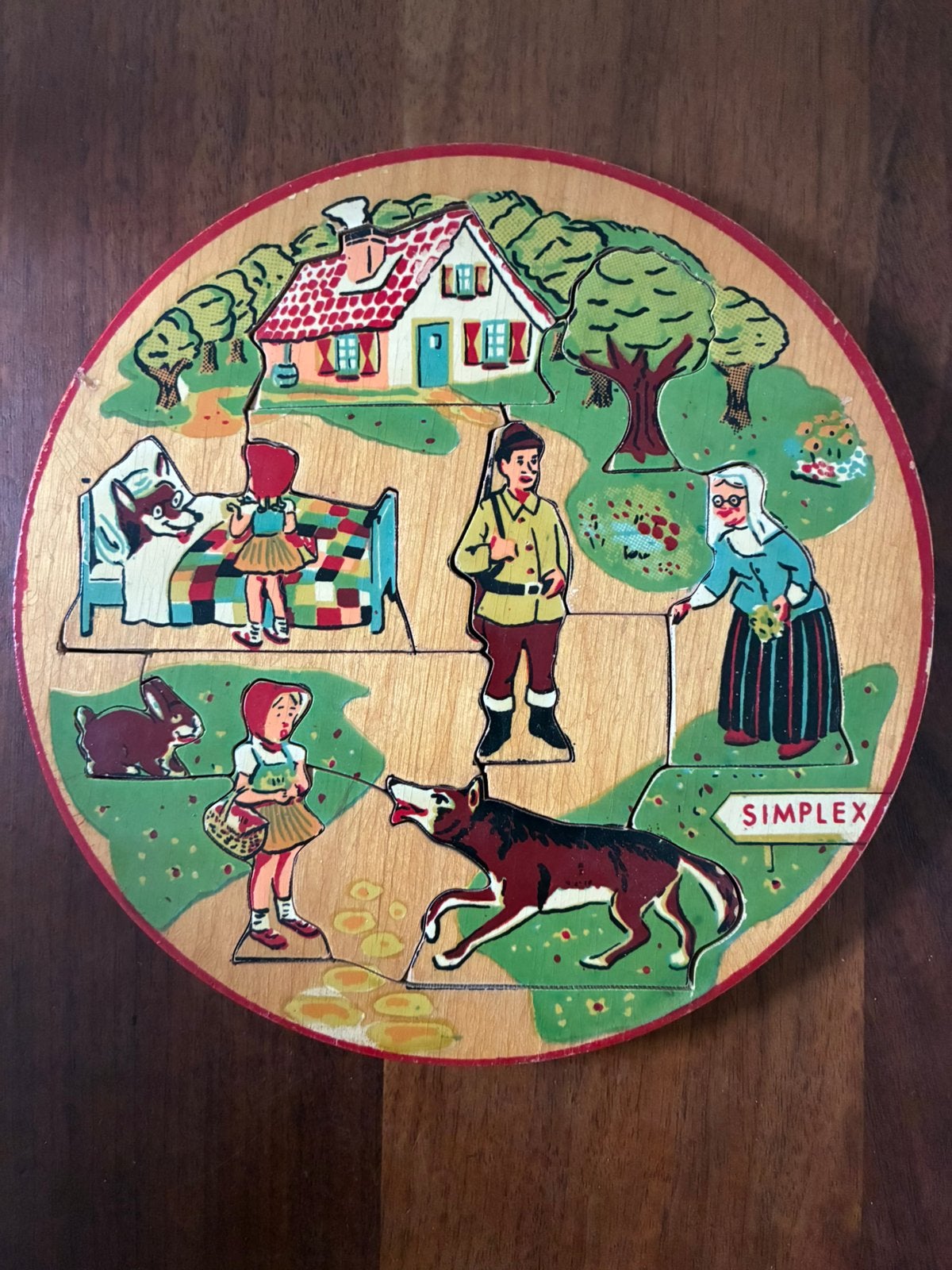 Houten, ronde vintage Roodkapje  puzzel, 2 tot 4 jaar, Gebruikt, 10 tot 50 stukjes, Ophalen of Verzenden