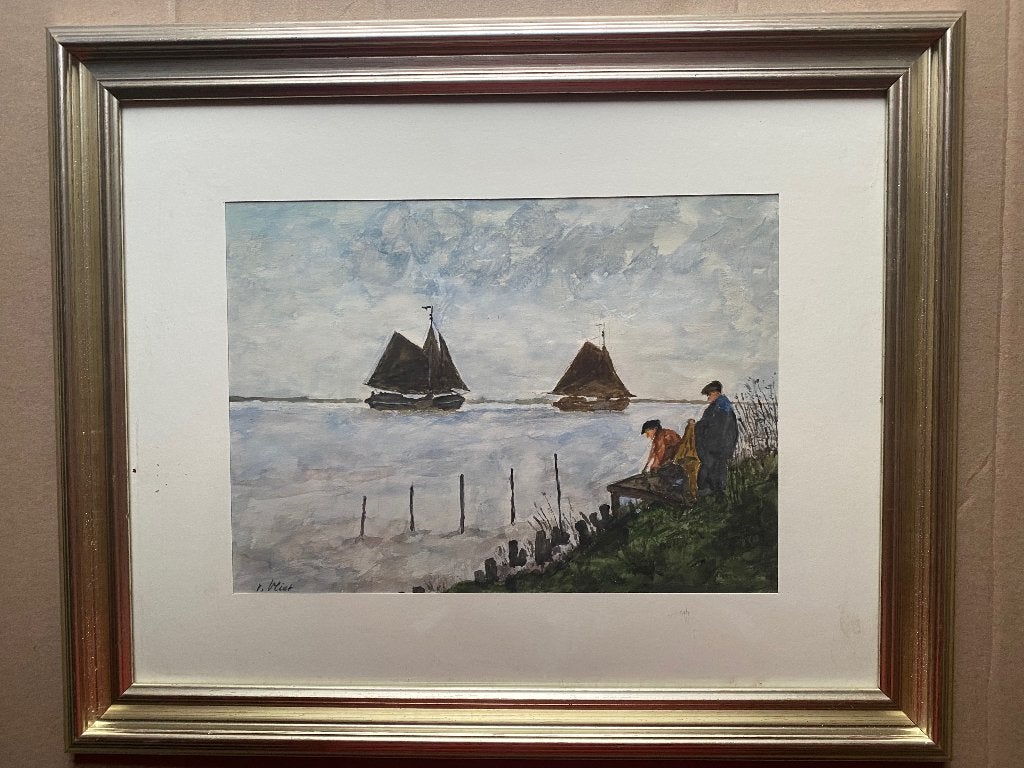 Aquarel van vissersschepen en vissers aan de wal, Ophalen of Verzenden
