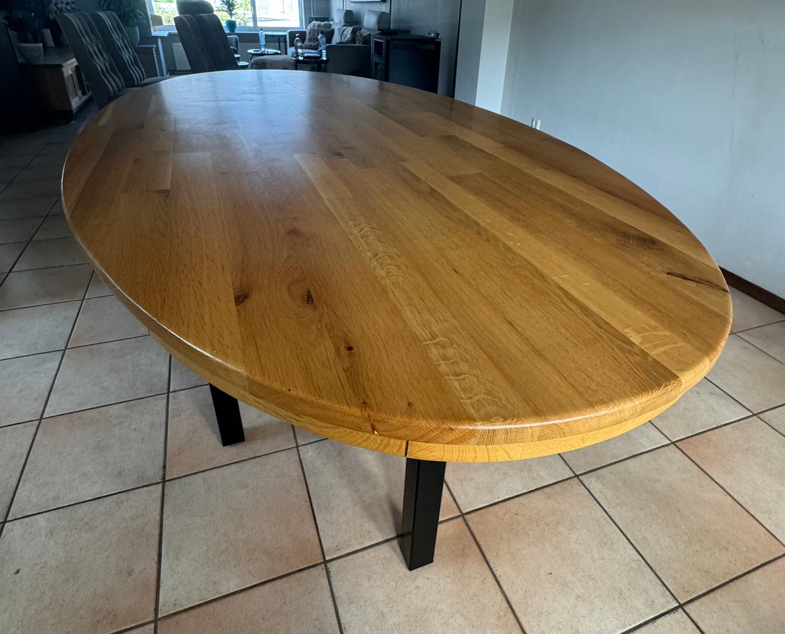 Ovale eiken tafel, stalen poten geschikt voor 6 tot 8 pers., Ophalen, Gebruikt, 100 tot 150 cm, 200 cm of meer