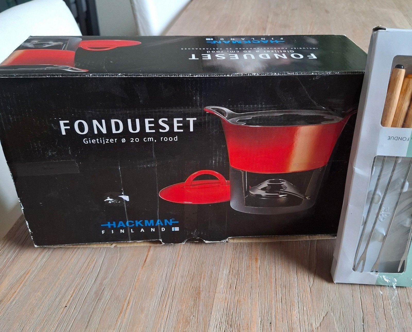 Hackman 20 Fondueset - Rood of Zwart Pannetje met 10 vorkjes, Huis en Inrichting, Gebruikt, Ophalen of Verzenden, Met deksel, Braadpan