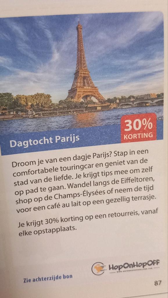 Dagtocht parijs 90 euro korting. 4 pers. 24 euro kort pp, Drie personen of meer, Vliegtuig, Kortingskaartje