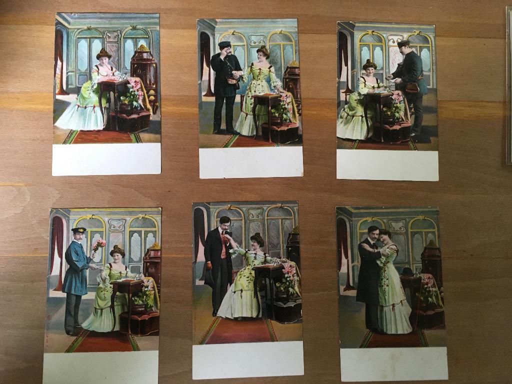 6 kaarten serie vrijpostige postbode!, Verzamelen, Ophalen of Verzenden, Voor 1920, Ongelopen, Ambachten of Beroep