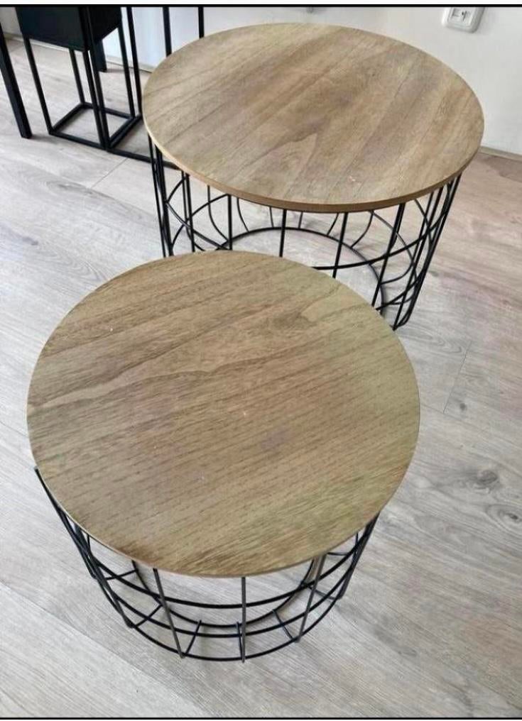 Set van 2 ronde bijzettafels met houten blad en metalen fram, Huis en Inrichting, Tafels | Salontafels, Ophalen, Zo goed als nieuw
