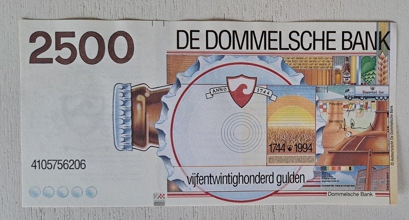 De Dommelsch Bank biljet fl. 2500, Ophalen of Verzenden, Zo goed als nieuw, Reclamebord, Plaat of Schild, Dommelsch