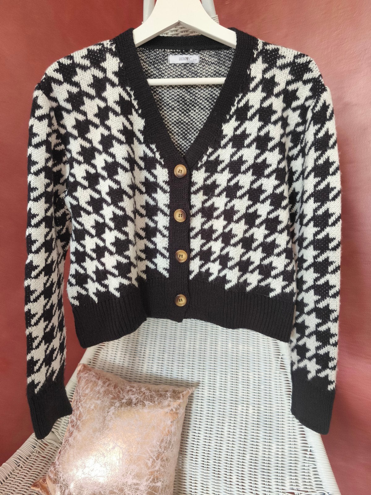 Holly 's - Cardigan vest zwart wit v-hals - mt s/m, Verzenden, Zo goed als nieuw, Maat 36 (S), Zwart