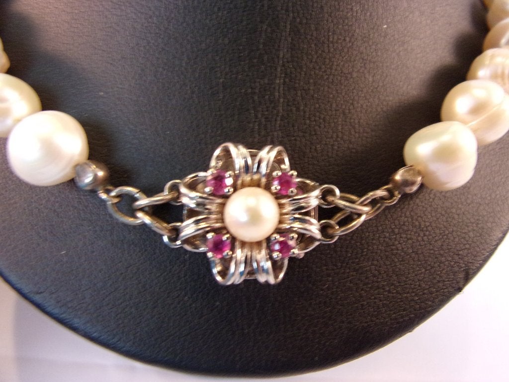 Exclusief parelcollier, 14 karaat wit goud, 4 Robijnen, Verzenden, Goud, Ketting, Met edelsteen