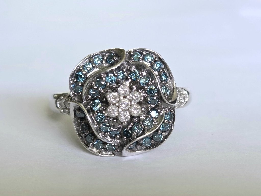 Zilveren ring  blauwe/groene diamanten en diamant. 2026/643, Ophalen of Verzenden, Zilver, Ring, Met edelsteen