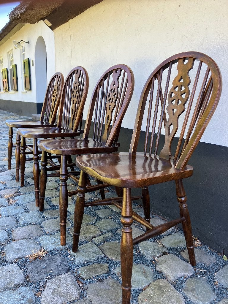 4 authentieke Windsor Wheelback stoelen, Huis en Inrichting, Stoelen, Ophalen, Gebruikt, Bruin, Windsor wheelback