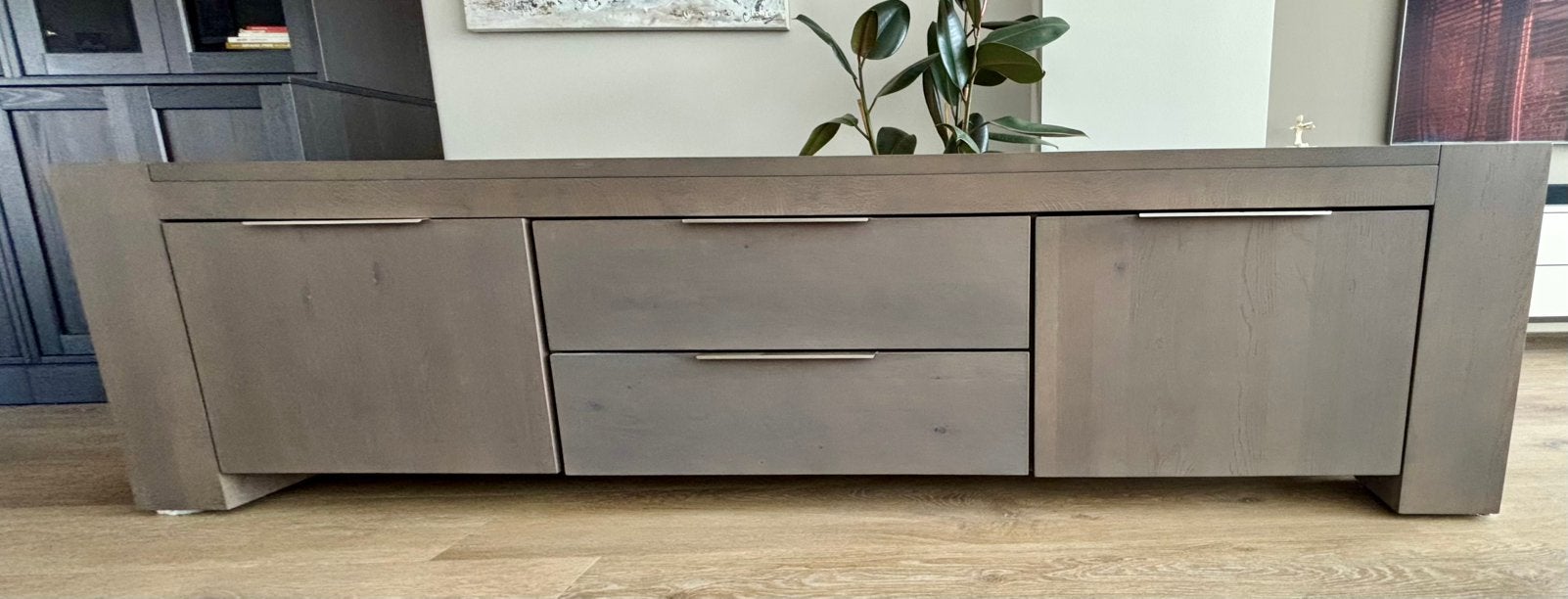 Massief eiken TV dressoir kleur leem, Ophalen, Gebruikt, Eikenhout, 200 cm of meer