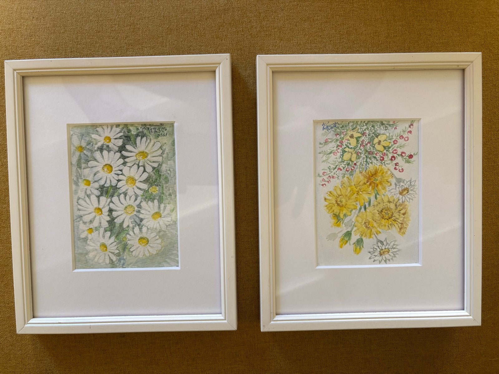 Set van 2 ingelijste bloemen aquarellen, Antiek en Kunst, Bloemen, Realistisch, Ophalen of Verzenden, Aquarel