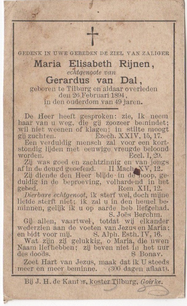 Maria El. Rijnen 1844 Tilburg - 1894 Tilburg, 49 jaar oud, Verzenden