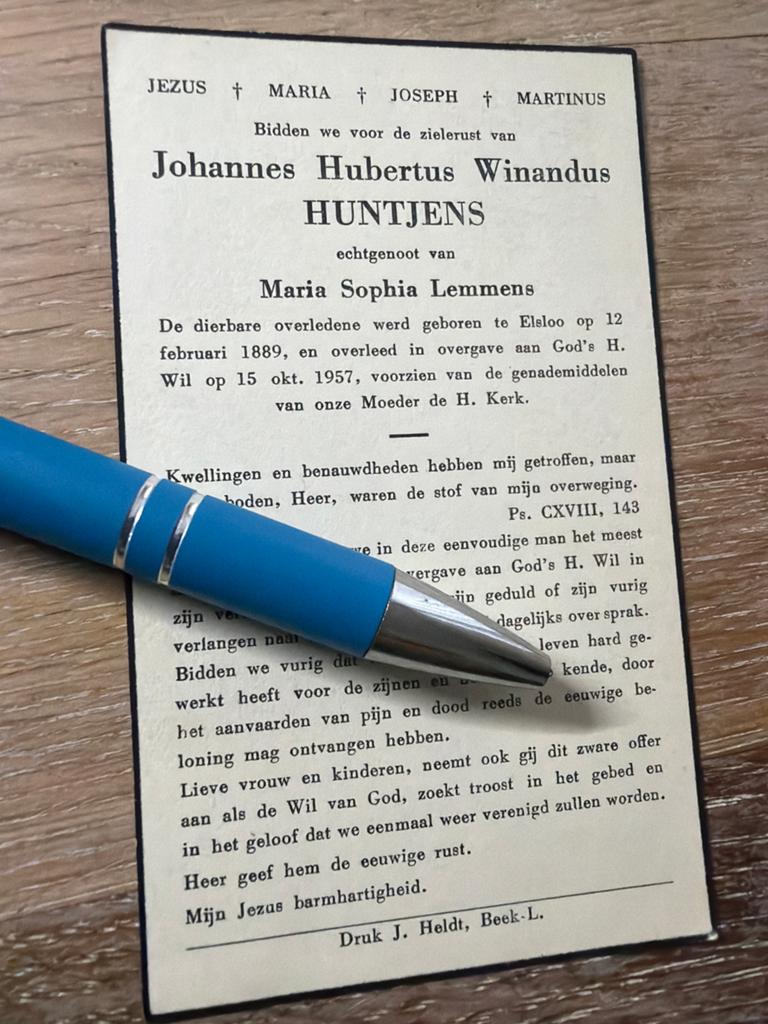 Huntjens Johannes 1889 Elsloo 1957 x Lemmens - E00827 -, Ophalen of Verzenden, Bidprentje