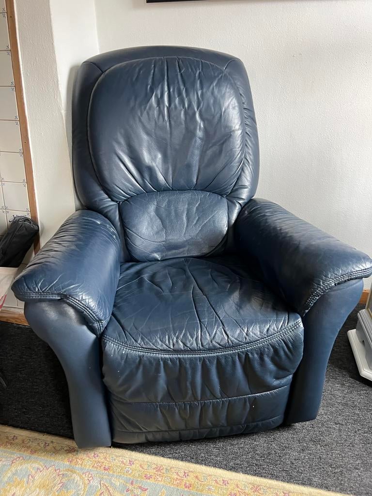 Himolla,Elektrische relax fauteuils ,donkerblauwe leer,, Ophalen of Verzenden, Zo goed als nieuw