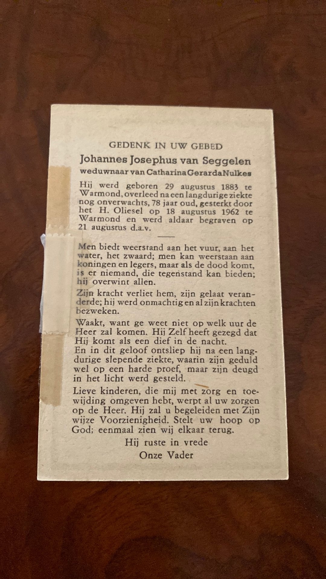 JJ van Seggelen x Nulkes 1883 Warmond 1962, Verzamelen, Bidprentjes en Rouwkaarten, Ophalen of Verzenden, Bidprentje