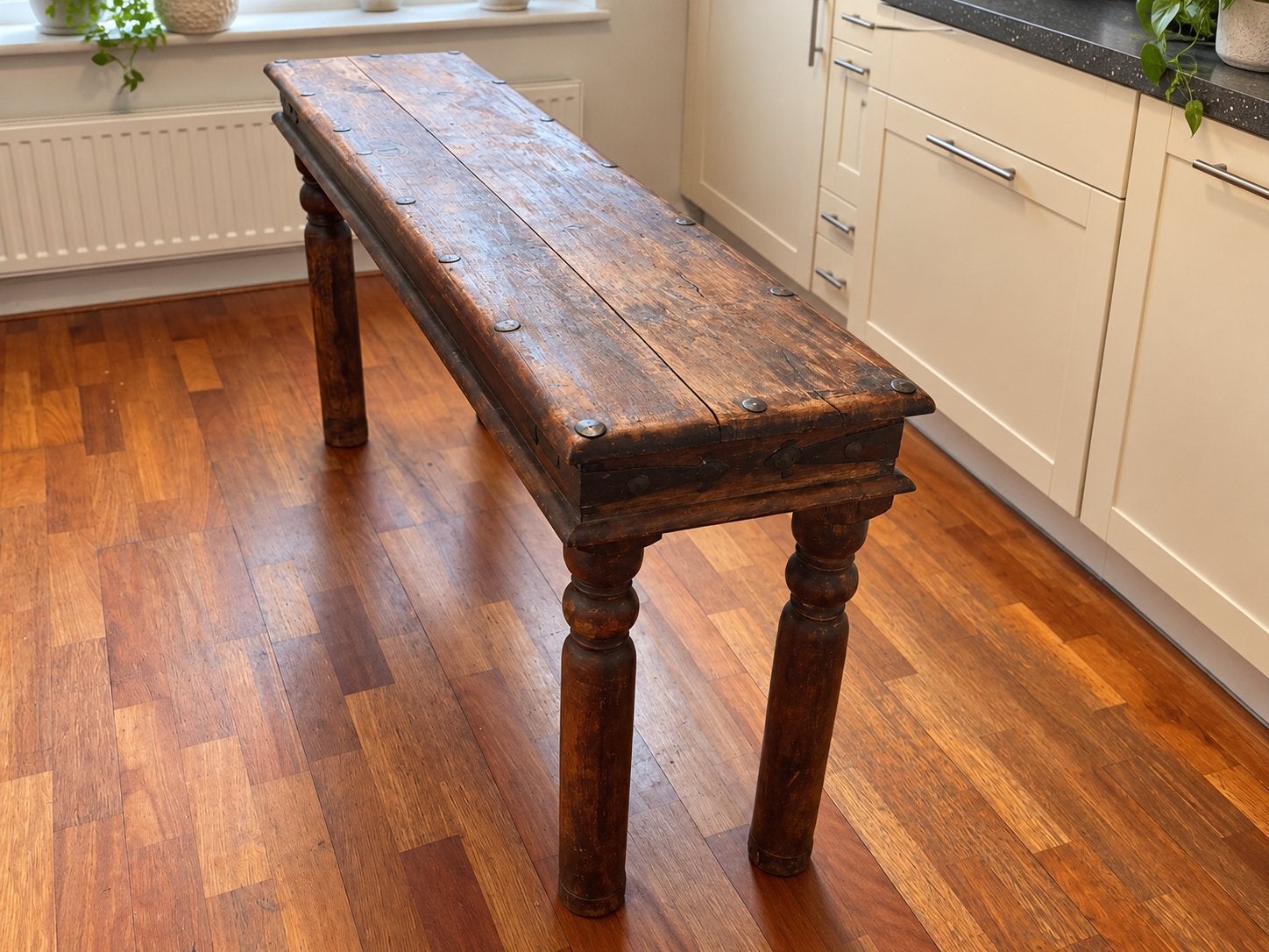 Rustieke houten sidetable / haltafel met metalen details, Ophalen, Gebruikt, 100 tot 150 cm, Overige houtsoorten