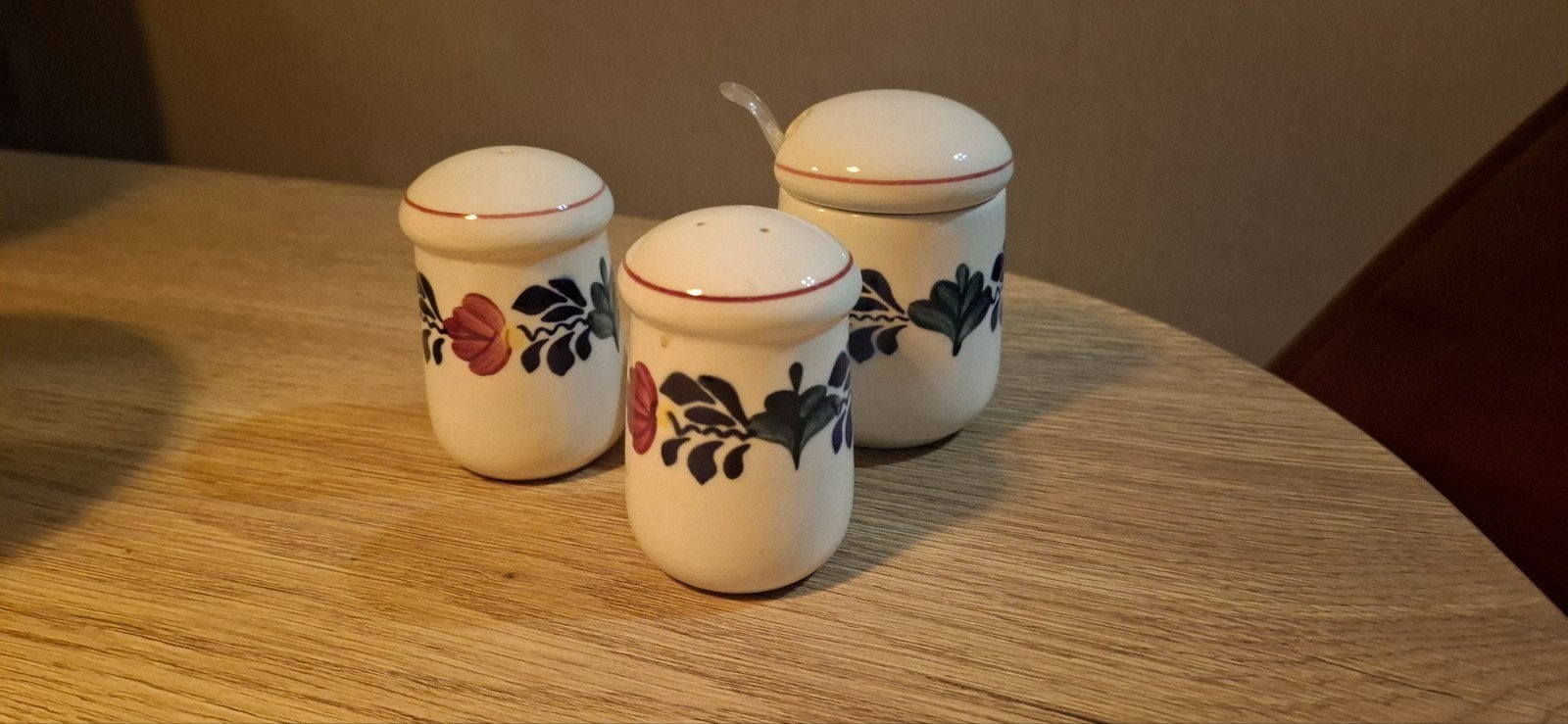 Boerenbont peper- en zoutstel met suikerpot, Ophalen of Verzenden, Zo goed als nieuw, Aardewerk, Overige typen