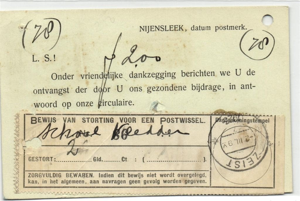 School Vledder Nijensleek - 03.923 - briefkaart / bewijs van, Ophalen of Verzenden, Briefkaart